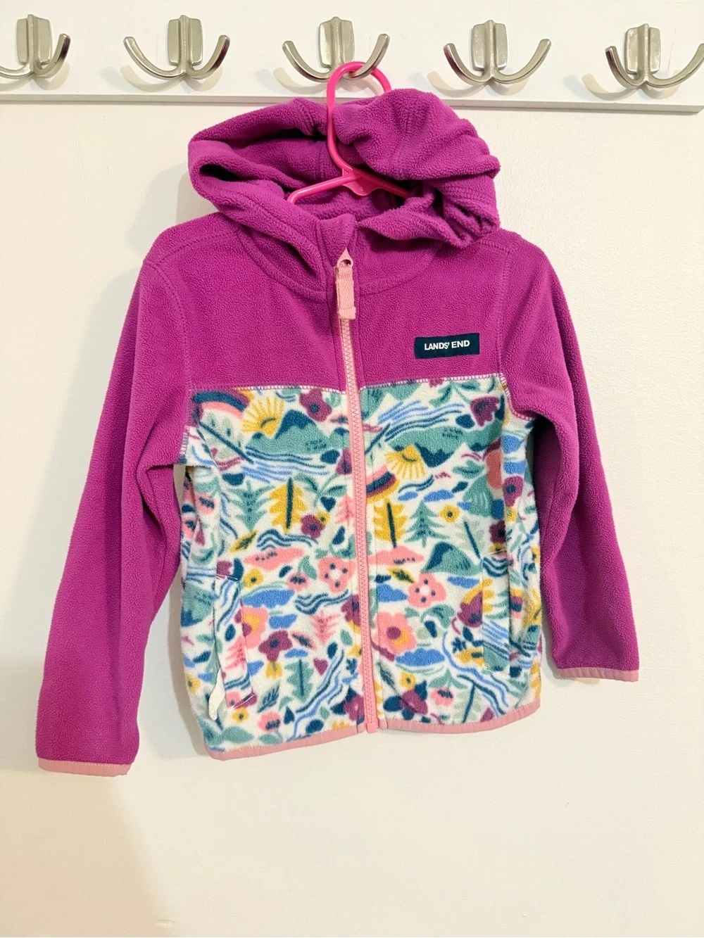 Lands' End Girls' Bright Fuchsia Hooded Fleece with outdoorsy print